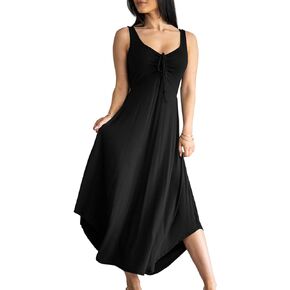 Langwyqu Womens 2023 Summer Sleeveless Tank Dress Empire Waist Drawstring Scoop Neck Swing Casual Maxi Dresses