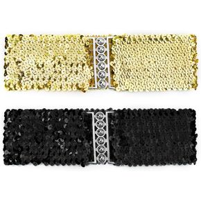 uxcell Ladies Sequins Decor Metal Interlooking Buckles Elastic Waist Belt