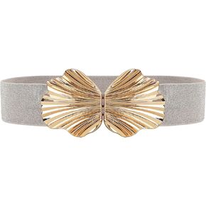 Women Brilliant Waist Belt Elastic Skinny Belt with Shell Shape Buckle Shiny Dress Belt Waistband for Girls