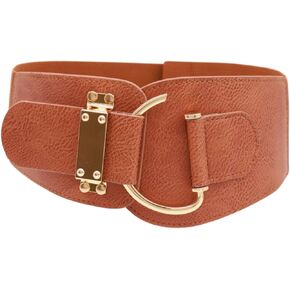 Women Gold Metal Hook Buckle Wide Dressy Fashion Elastic Belt Hip Waist Size S M Brown