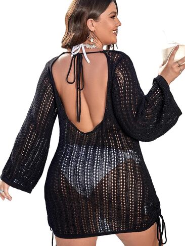 COZYEASE Women's Long Sleeve Backless Knitted Cover Up Swimsuit Hollow Out Crochet Swimwear Beach Dress in Saudi Arabia