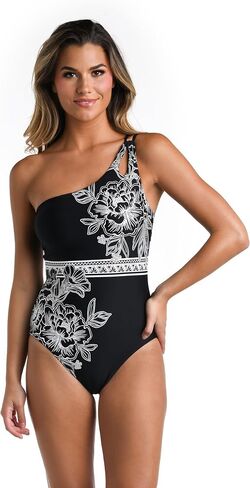 La Blanca Women's One Shoulder One Piece Swimsuit, Black//Shadow Floral, 14 in Saudi Arabia
