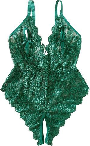 WDIRARA Women's Plus Size Floral Lace Deep V Neck Bow Front Sleeveless Elastic Waist Lingerie Sets in Saudi Arabia