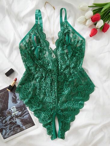 WDIRARA Women's Plus Size Floral Lace Deep V Neck Bow Front Sleeveless Elastic Waist Lingerie Sets in Saudi Arabia