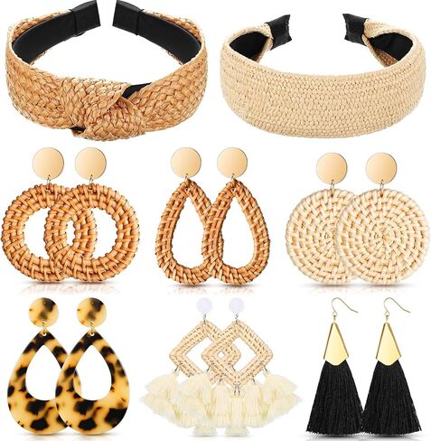 8 Pieces Knotted Rattan Headband Earrings for Women Wide Straw Boho Headbands Twist Knot Hair Accessories Lightweight Geometric Jewelry Beach Tassel Woven Braid Drop Dangle Earrings (Stylish Style) in Saudi Arabia