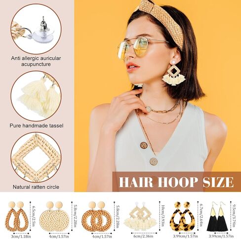 8 Pieces Knotted Rattan Headband Earrings for Women Wide Straw Boho Headbands Twist Knot Hair Accessories Lightweight Geometric Jewelry Beach Tassel Woven Braid Drop Dangle Earrings (Stylish Style) in Saudi Arabia