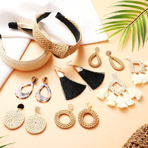 8 Pieces Knotted Rattan Headband Earrings for Women Wide Straw Boho Headbands Twist Knot Hair Accessories Lightweight Geometric Jewelry Beach Tassel Woven Braid Drop Dangle Earrings (Stylish Style) in Saudi Arabia