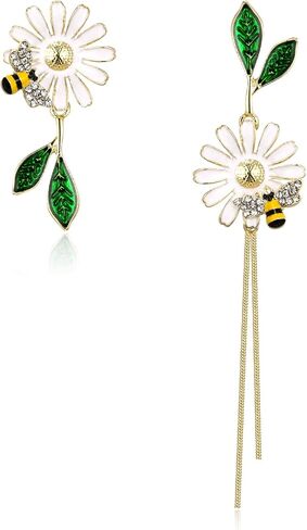 EleQueen Mismatched Earrings Asymmetric Leaf Bee Flower Earrings Gold Plated Rhinestone Crystal Enamel Flower Stud Earrings 2 Chain Dangle Earrings for Women Girls in Saudi Arabia