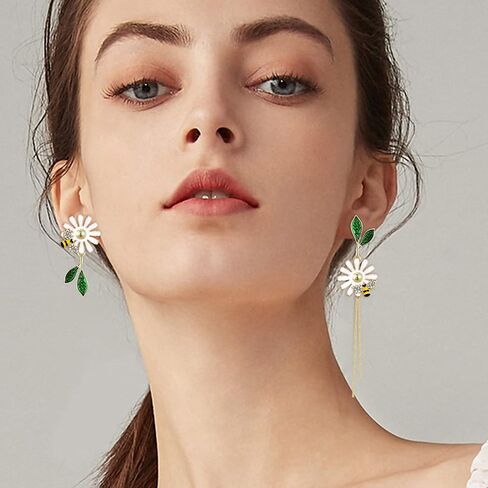 EleQueen Mismatched Earrings Asymmetric Leaf Bee Flower Earrings Gold Plated Rhinestone Crystal Enamel Flower Stud Earrings 2 Chain Dangle Earrings for Women Girls in Saudi Arabia