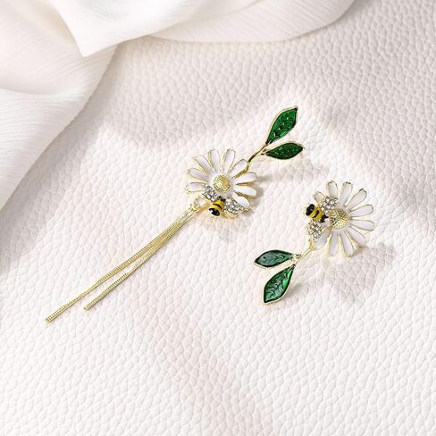 EleQueen Mismatched Earrings Asymmetric Leaf Bee Flower Earrings Gold Plated Rhinestone Crystal Enamel Flower Stud Earrings 2 Chain Dangle Earrings for Women Girls in Saudi Arabia