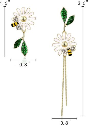 EleQueen Mismatched Earrings Asymmetric Leaf Bee Flower Earrings Gold Plated Rhinestone Crystal Enamel Flower Stud Earrings 2 Chain Dangle Earrings for Women Girls in Saudi Arabia