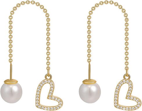 Gold Long Pearl Earrings Statement Pearl Heart-shaped Drop Earrings 925 Sterling Silver Simulated Pearl Handmade Fringe Dangle Earrings for Women Girls Wedding Party in Saudi Arabia