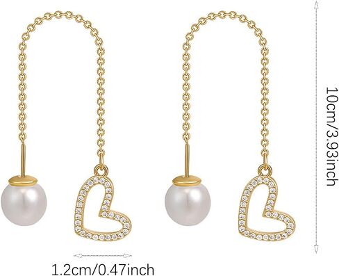 Gold Long Pearl Earrings Statement Pearl Heart-shaped Drop Earrings 925 Sterling Silver Simulated Pearl Handmade Fringe Dangle Earrings for Women Girls Wedding Party in Saudi Arabia
