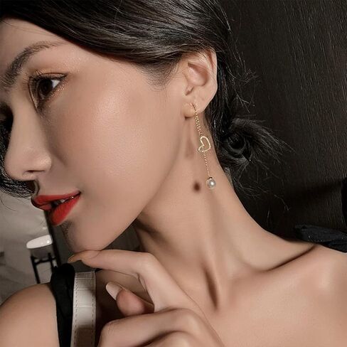 Gold Long Pearl Earrings Statement Pearl Heart-shaped Drop Earrings 925 Sterling Silver Simulated Pearl Handmade Fringe Dangle Earrings for Women Girls Wedding Party in Saudi Arabia