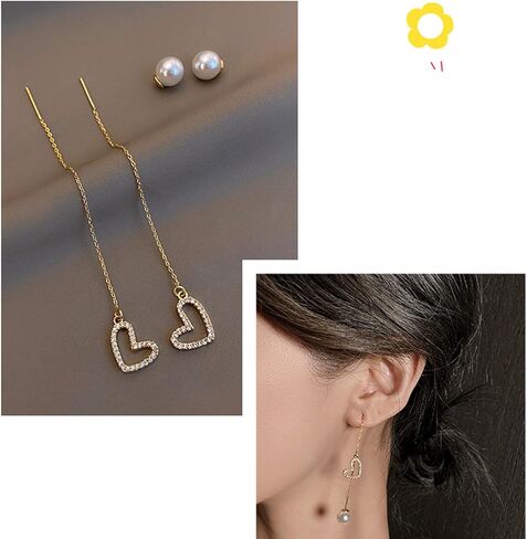Gold Long Pearl Earrings Statement Pearl Heart-shaped Drop Earrings 925 Sterling Silver Simulated Pearl Handmade Fringe Dangle Earrings for Women Girls Wedding Party in Saudi Arabia