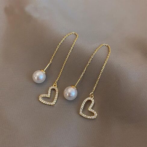 Gold Long Pearl Earrings Statement Pearl Heart-shaped Drop Earrings 925 Sterling Silver Simulated Pearl Handmade Fringe Dangle Earrings for Women Girls Wedding Party in Saudi Arabia