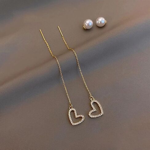 Gold Long Pearl Earrings Statement Pearl Heart-shaped Drop Earrings 925 Sterling Silver Simulated Pearl Handmade Fringe Dangle Earrings for Women Girls Wedding Party in Saudi Arabia