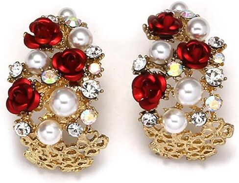 Vintage Red Rose Flower Open Hoop Earrings for Women Girls Gold Plated Hypoallergenic Elegant AB Crystal Shell Pearls Inserted Chunky Statement Dangle Drop Stud Earrings Retro Valentine Mother's Day Holiday Jewelry Gifts in Saudi Arabia