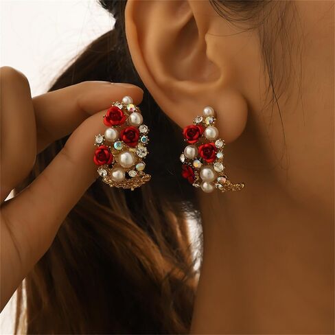 Vintage Red Rose Flower Open Hoop Earrings for Women Girls Gold Plated Hypoallergenic Elegant AB Crystal Shell Pearls Inserted Chunky Statement Dangle Drop Stud Earrings Retro Valentine Mother's Day Holiday Jewelry Gifts in Saudi Arabia