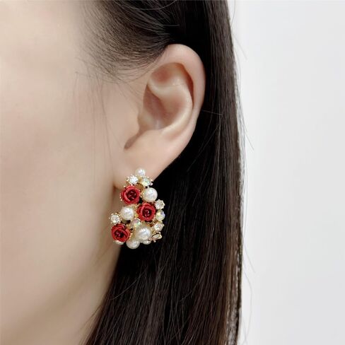 Vintage Red Rose Flower Open Hoop Earrings for Women Girls Gold Plated Hypoallergenic Elegant AB Crystal Shell Pearls Inserted Chunky Statement Dangle Drop Stud Earrings Retro Valentine Mother's Day Holiday Jewelry Gifts in Saudi Arabia