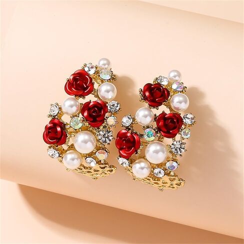 Vintage Red Rose Flower Open Hoop Earrings for Women Girls Gold Plated Hypoallergenic Elegant AB Crystal Shell Pearls Inserted Chunky Statement Dangle Drop Stud Earrings Retro Valentine Mother's Day Holiday Jewelry Gifts in Saudi Arabia