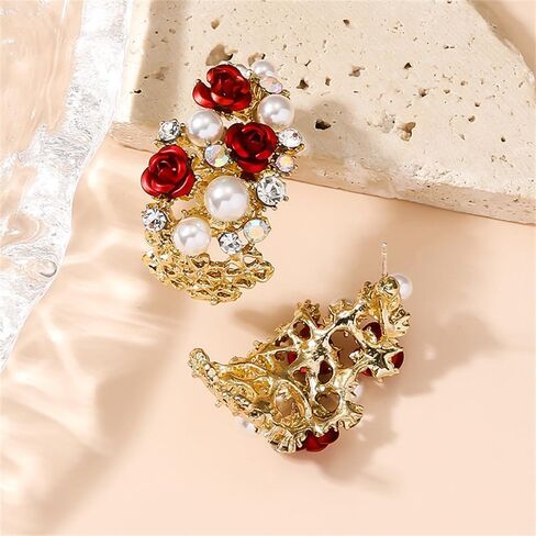 Vintage Red Rose Flower Open Hoop Earrings for Women Girls Gold Plated Hypoallergenic Elegant AB Crystal Shell Pearls Inserted Chunky Statement Dangle Drop Stud Earrings Retro Valentine Mother's Day Holiday Jewelry Gifts in Saudi Arabia