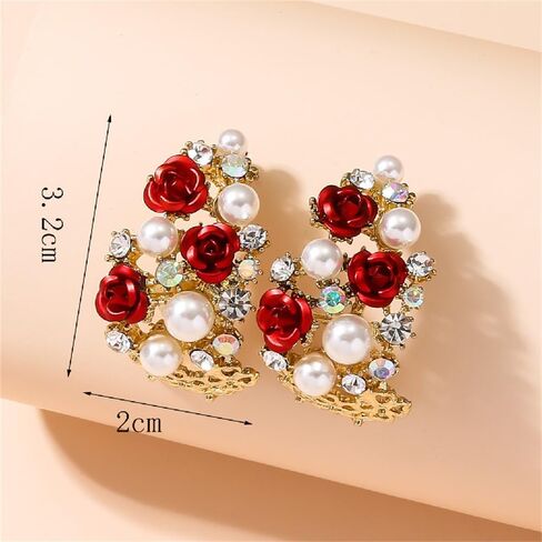 Vintage Red Rose Flower Open Hoop Earrings for Women Girls Gold Plated Hypoallergenic Elegant AB Crystal Shell Pearls Inserted Chunky Statement Dangle Drop Stud Earrings Retro Valentine Mother's Day Holiday Jewelry Gifts in Saudi Arabia