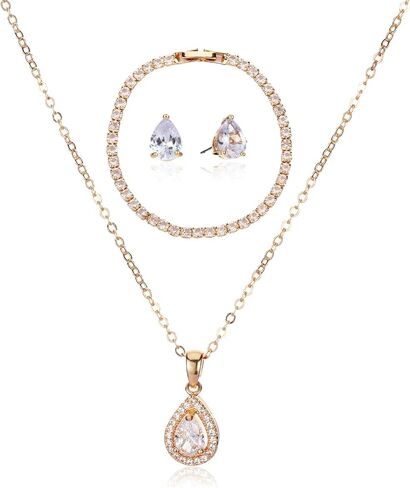 Bridesmaid Jewelry Set Gift for Wedding Party, Cubic Zirconia Crystal Teardrop Pendant Necklace Earring Tennis Bracelet Set in Gold/Rose Gold/Silver Plated in Saudi Arabia