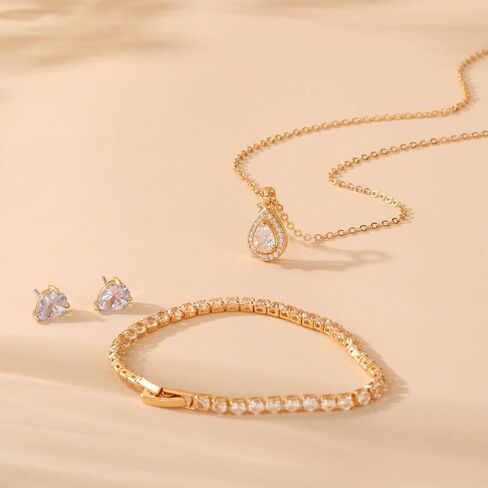Bridesmaid Jewelry Set Gift for Wedding Party, Cubic Zirconia Crystal Teardrop Pendant Necklace Earring Tennis Bracelet Set in Gold/Rose Gold/Silver Plated in Saudi Arabia