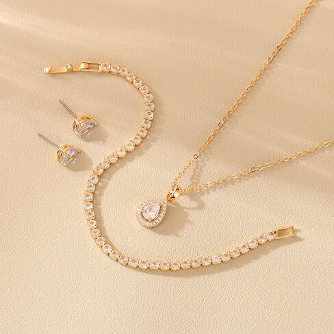 Bridesmaid Jewelry Set Gift for Wedding Party, Cubic Zirconia Crystal Teardrop Pendant Necklace Earring Tennis Bracelet Set in Gold/Rose Gold/Silver Plated in Saudi Arabia