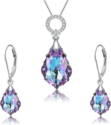 مجموعة مجوهرات كريستال نسائية باللون الأرجواني، مجموعة كريستال على شكل دمعة باروكية على شكل قلب، مجموعة قلادة وأقراط، بلورات فيتريل الخفيفة من النمسا، أقراط متدلية للنساء هدية مجوهرات مضادة للحساسية in Kuwait