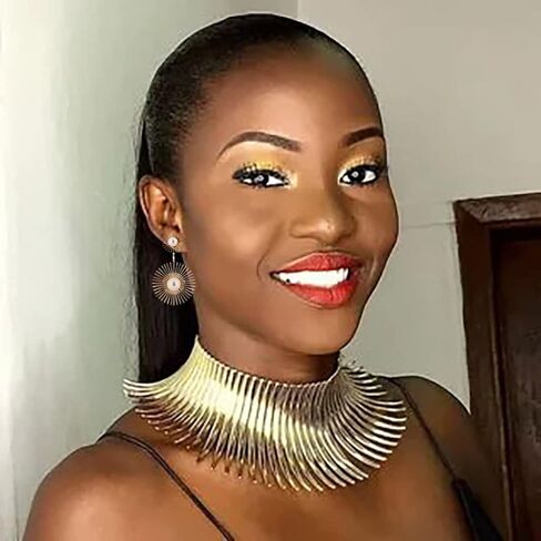 Wosois المختنق قلادة الأقراط مجموعة الذهب زهرة الأفريقية مريلة القبلية مكتنزة المختنقون قابل للتعديل بيان طوق القلائد سبيكة شوكة الأزياء والمجوهرات اكسسوارات للنساء in Kuwait