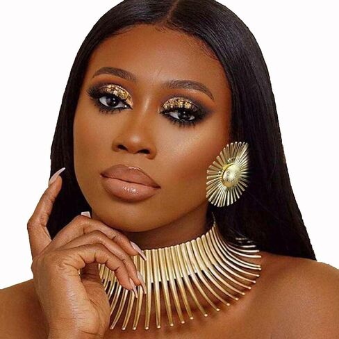 Wosois المختنق قلادة الأقراط مجموعة الذهب زهرة الأفريقية مريلة القبلية مكتنزة المختنقون قابل للتعديل بيان طوق القلائد سبيكة شوكة الأزياء والمجوهرات اكسسوارات للنساء in Kuwait