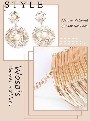 Wosois المختنق قلادة الأقراط مجموعة الذهب زهرة الأفريقية مريلة القبلية مكتنزة المختنقون قابل للتعديل بيان طوق القلائد سبيكة شوكة الأزياء والمجوهرات اكسسوارات للنساء in Kuwait