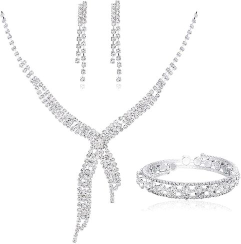 مجموعة مجوهرات زفاف من حجر الراين الكريستالي من كوكسيفا، قلادة وشراشيب بطبقات فضية مكونة من قلادة واقراط لحفلات الزفاف (4 قطع)، معدن، كريستال in Kuwait