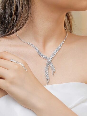 مجموعة مجوهرات زفاف من حجر الراين الكريستالي من كوكسيفا، قلادة وشراشيب بطبقات فضية مكونة من قلادة واقراط لحفلات الزفاف (4 قطع)، معدن، كريستال in Kuwait