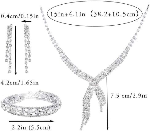 مجموعة مجوهرات زفاف من حجر الراين الكريستالي من كوكسيفا، قلادة وشراشيب بطبقات فضية مكونة من قلادة واقراط لحفلات الزفاف (4 قطع)، معدن، كريستال in Kuwait