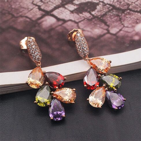 Colorful Hypoallergenic Jewelry Sets for Women,Rose Gold Plated Sparkle Artificial Gemstone Hoop Earrings Dangle Earrings Ring Pendant Necklace Bracelet Gifts for Wedding Birthdays Engagement Brides Bridesmaids Anniversary in Saudi Arabia