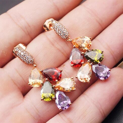 Colorful Hypoallergenic Jewelry Sets for Women,Rose Gold Plated Sparkle Artificial Gemstone Hoop Earrings Dangle Earrings Ring Pendant Necklace Bracelet Gifts for Wedding Birthdays Engagement Brides Bridesmaids Anniversary in Saudi Arabia