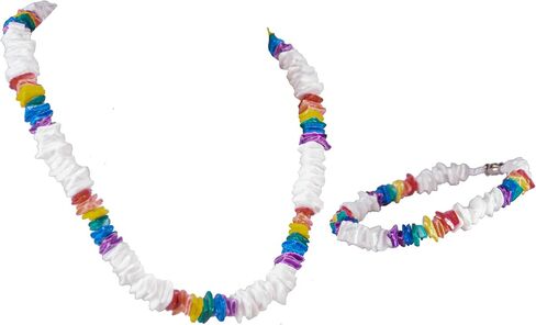 مجموعة BlueRica مكونة من قطعتين ~ أبيض وقوس قزح Puka Chip Shells Necklace & خلخال, قشرة معدن in Kuwait