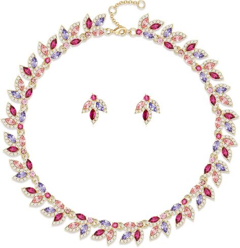 مجموعة مجوهرات نسائية من CLASSYZINT مصنوعة من خليط معدني مطلي بالذهب وأحجار الراين المتعددة وقلائد قصيرة وأقراط متدلية لحفلات التخرج ومجموعة مجوهرات وصيفة العروس لحفلات الزفاف in Kuwait