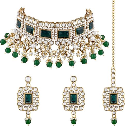 Traditional Ethnic Kundan Pearls Bridal Choker Necklace Earring Maang Tikka Indian Bollywood Jewelry Set for Women Girls (Green) in Saudi Arabia
