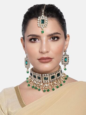 Traditional Ethnic Kundan Pearls Bridal Choker Necklace Earring Maang Tikka Indian Bollywood Jewelry Set for Women Girls (Green) in Saudi Arabia