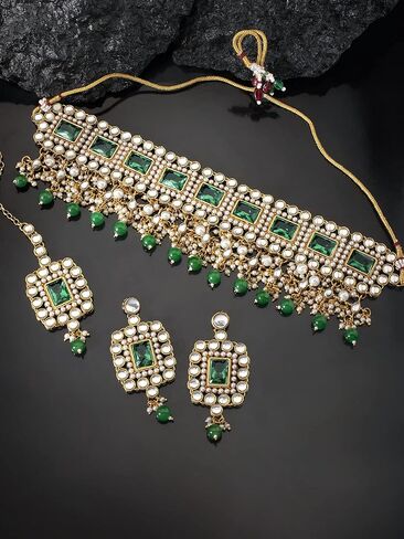 Traditional Ethnic Kundan Pearls Bridal Choker Necklace Earring Maang Tikka Indian Bollywood Jewelry Set for Women Girls (Green) in Saudi Arabia