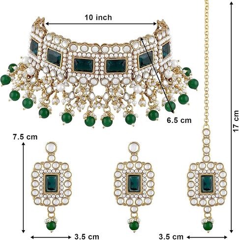 Traditional Ethnic Kundan Pearls Bridal Choker Necklace Earring Maang Tikka Indian Bollywood Jewelry Set for Women Girls (Green) in Saudi Arabia