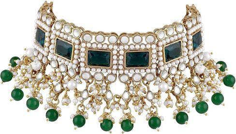 Traditional Ethnic Kundan Pearls Bridal Choker Necklace Earring Maang Tikka Indian Bollywood Jewelry Set for Women Girls (Green) in Saudi Arabia