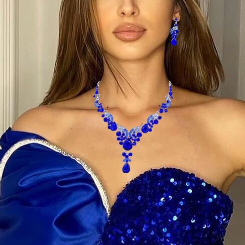 Elegant Rhinestone Teardrop Cluster Y-Necklace Dangle Earrings Bridal Wedding Party Costume Jewelry Sets for Brides Women in Saudi Arabia