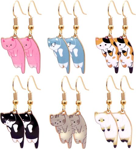Cute Cat Dangle Earrings 6 Pairs Funny Cartoon Kitten Earrings Animals Print Cat Lovers Sets for Women Girls Vacation Valentine's Day Jewelry Gifts Cat Birthday Party Supplies Favors Classroom Rewards in Kuwait