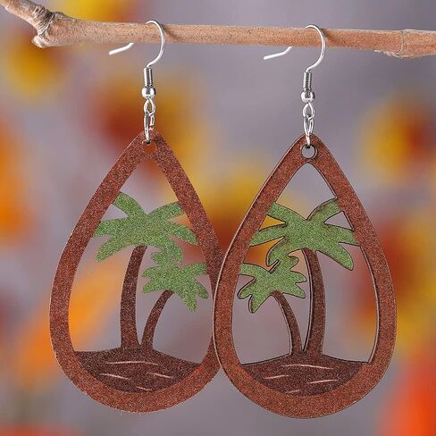 Azusa Sun Coconut Palm Tree Dangle Earrings Hypoallergenic, Funny Tropical Wooden Earrings Beach Earrings Gifts for Hawaiian Girls, Teenager, Women in Saudi Arabia