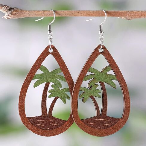 Azusa Sun Coconut Palm Tree Dangle Earrings Hypoallergenic, Funny Tropical Wooden Earrings Beach Earrings Gifts for Hawaiian Girls, Teenager, Women in Saudi Arabia